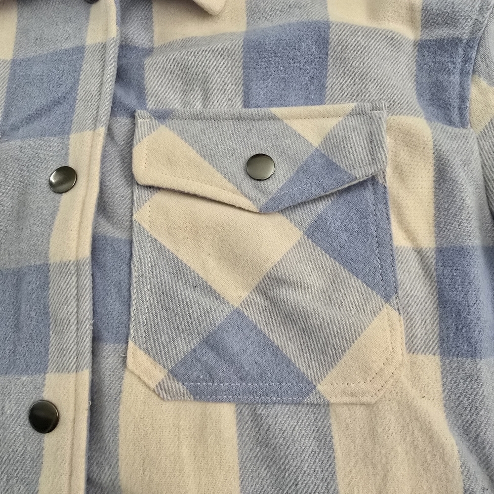 HFX Blue & Cream Buffalo Plaid Shacket Jacket Women's Medium Cozy Button Front - Picture 4 of 7